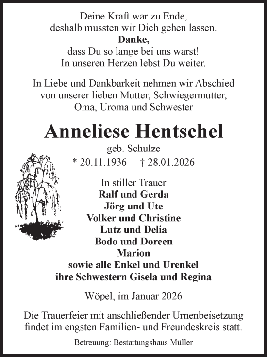 Traueranzeige von Anneliese Hentschel von Volksstimme Altmark West