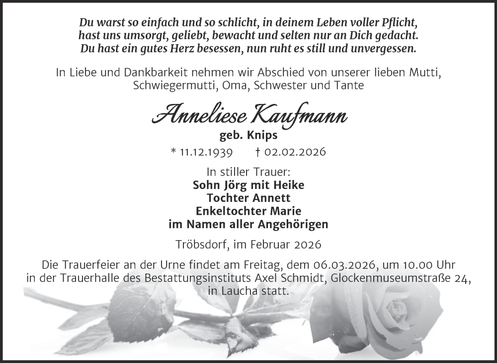  Traueranzeige für Anneliese Kaufmann vom 14.02.2026 aus Super Sonntag Naumburg/Nebra