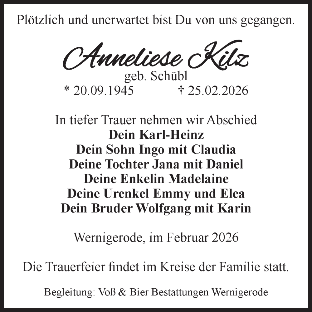  Traueranzeige für Anneliese Kilz vom 28.02.2026 aus Volksstimme Wernigerode