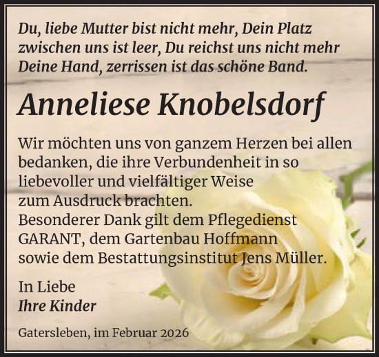 Traueranzeige von Anneliese Knobelsdorf von Trauerkombi Aschersleben