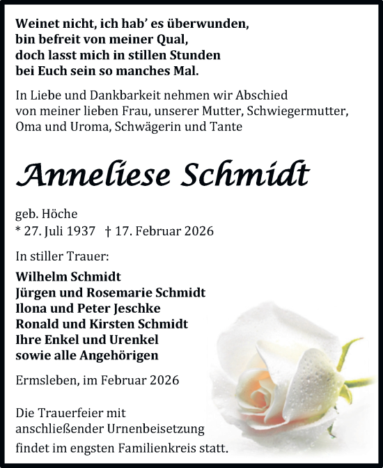 Traueranzeige von Anneliese Schmidt von Trauerkombi Quedlinburg