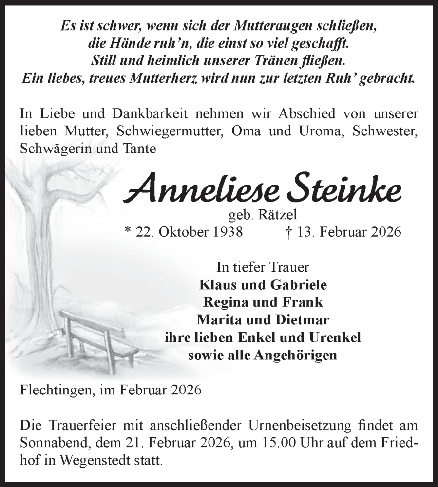  Traueranzeige für Anneliese Steinke vom 17.02.2026 aus Volksstimme Haldensleben/Wolmirstedt