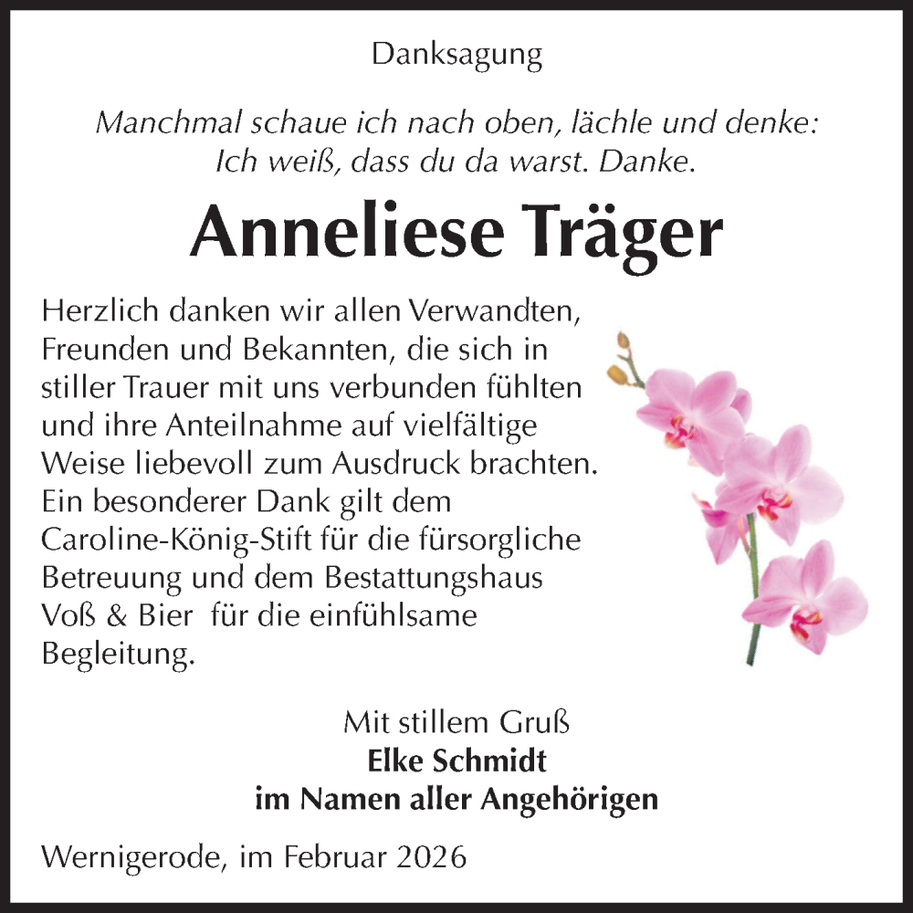  Traueranzeige für Anneliese Träger vom 14.02.2026 aus Volksstimme Wernigerode