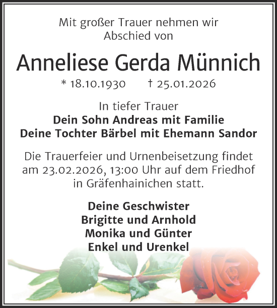 Traueranzeige von Anneliese Gerda Münnich von Trauerkombi Wittenberg