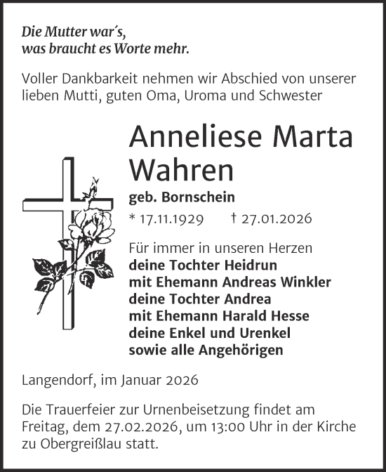 Traueranzeige von Anneliese Marta Wahren von Trauerkombi Weißenfels