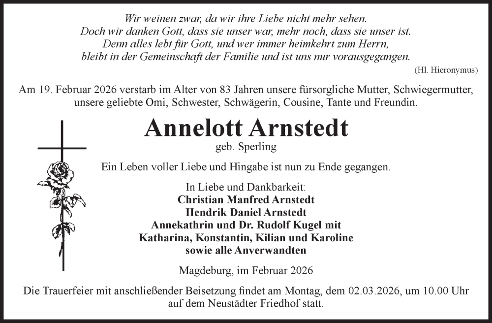  Traueranzeige für Annelott Arnstedt vom 25.02.2026 aus Volksstimme Magdeburg