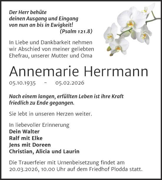 Traueranzeige von Annemarie Herrmann von Trauerkombi Bitterfeld
