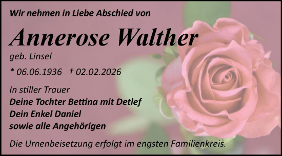 Traueranzeige von Annerose Walther von Trauerkombi Bitterfeld