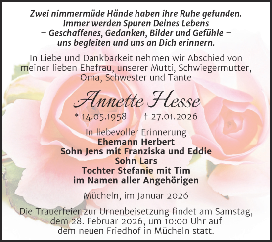 Traueranzeige von Annette Hesse von Trauerkombi Merseburg
