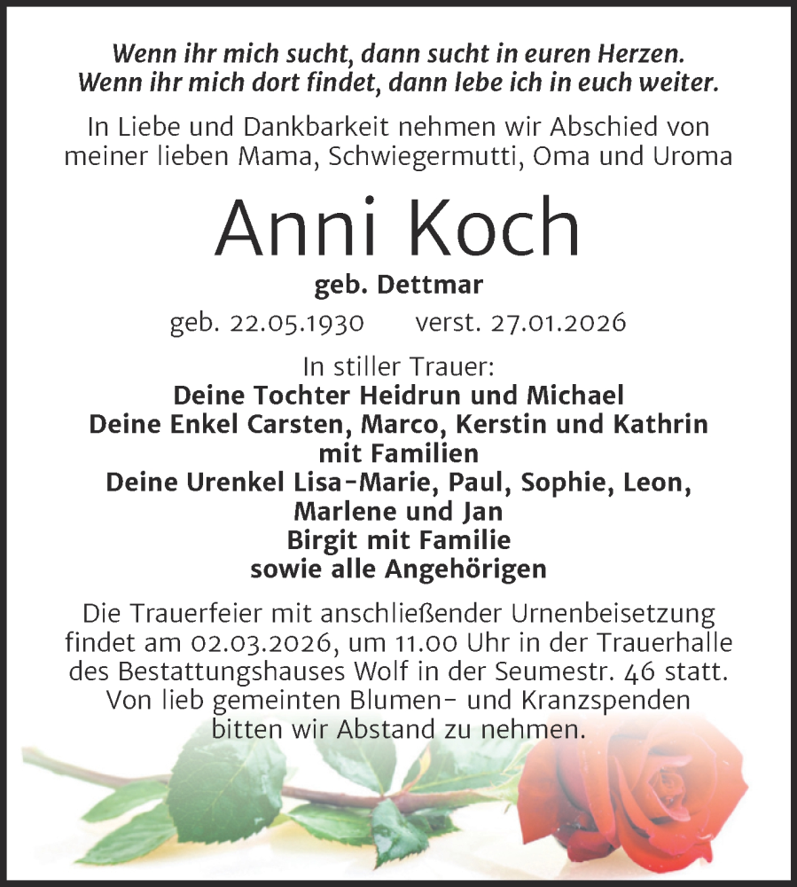  Traueranzeige für Anni Koch vom 14.02.2026 aus Trauerkombi Weißenfels