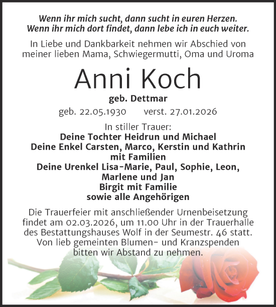 Traueranzeige von Anni Koch von Trauerkombi Weißenfels