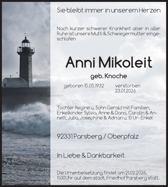 Traueranzeige von Anni Mikoleit von Volksstimme Schönebeck