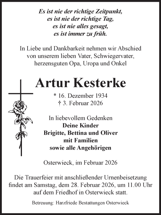 Traueranzeige von Artur Kesterke von Volksstimme Halberstadt
