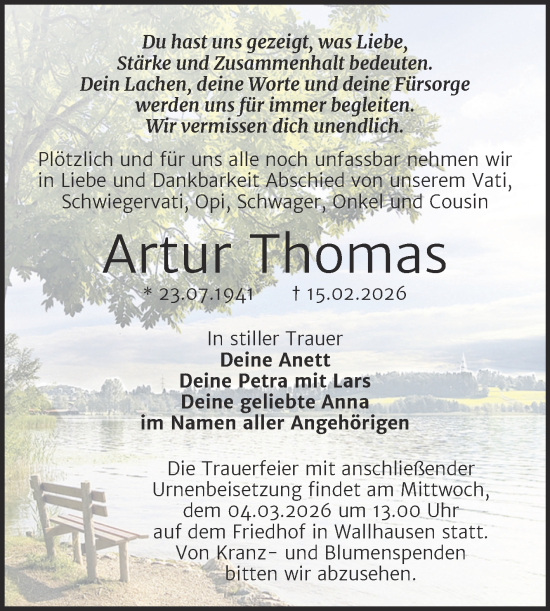 Traueranzeige von Artur Thomas von Trauerkombi Sangerhausen