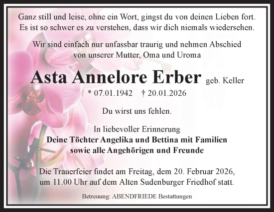 Traueranzeige von Asta Annelore Erber von Volksstimme Magdeburg