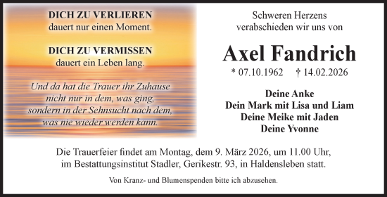 Traueranzeige von Axel Fandrich von Volksstimme Haldensleben/Wolmirstedt