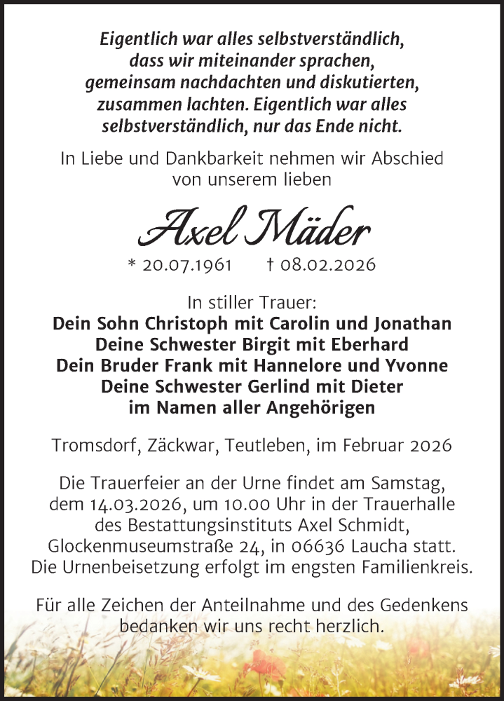  Traueranzeige für Axel Mäder vom 21.02.2026 aus Super Sonntag Naumburg/Nebra