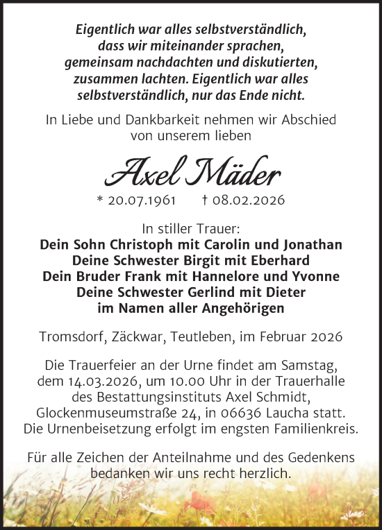 Traueranzeige von Axel Mäder von Super Sonntag Naumburg/Nebra