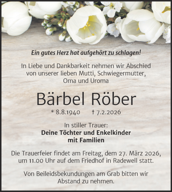 Traueranzeige von Bärbel Röber von Mitteldeutsche Zeitung Halle/Saalkreis