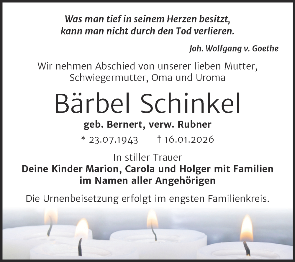  Traueranzeige für Bärbel Schinkel vom 07.02.2026 aus Trauerkombi Bitterfeld