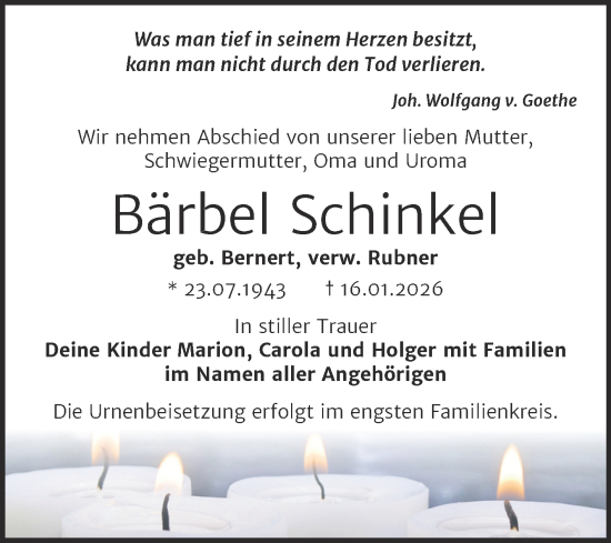 Traueranzeige von Bärbel Schinkel von Trauerkombi Bitterfeld