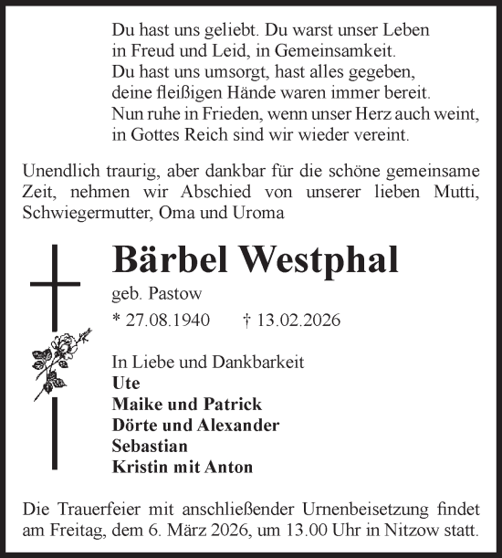 Traueranzeige von Bärbel Westphal von Volksstimme Altmark Ost