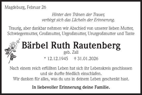 Traueranzeige von Bärbel Ruth Rautenberg von Volksstimme Magdeburg