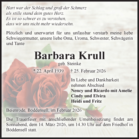 Traueranzeige von Barbara Krull von Volksstimme Oschersleben/Wanzleben