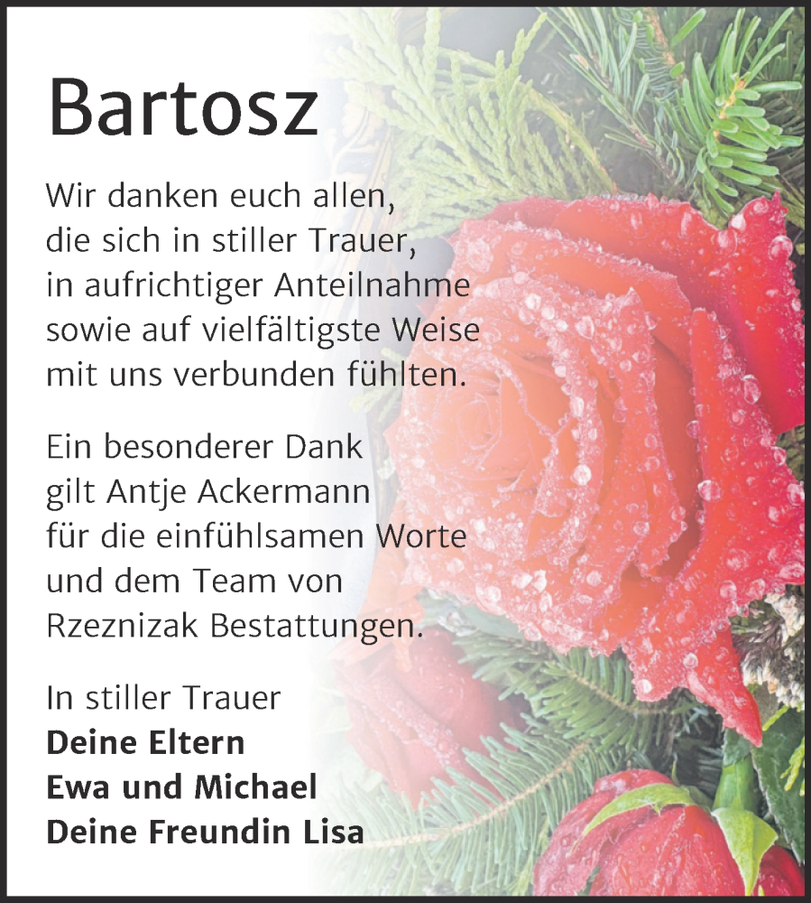  Traueranzeige für Bartosz  vom 14.02.2026 aus Trauerkombi Mansfelder Land