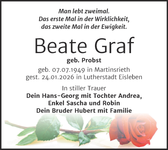 Traueranzeige von Beate Graf von Trauerkombi Sangerhausen