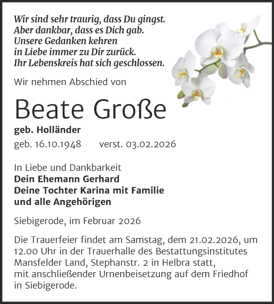 Traueranzeige von Beate Große von Trauerkombi Mansfelder Land