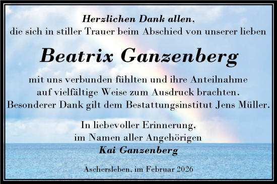 Traueranzeige von Beatrix Ganzenberg von Trauerkombi Aschersleben