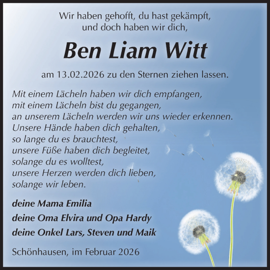 Traueranzeige von Ben Liam Witt von Volksstimme Altmark Ost