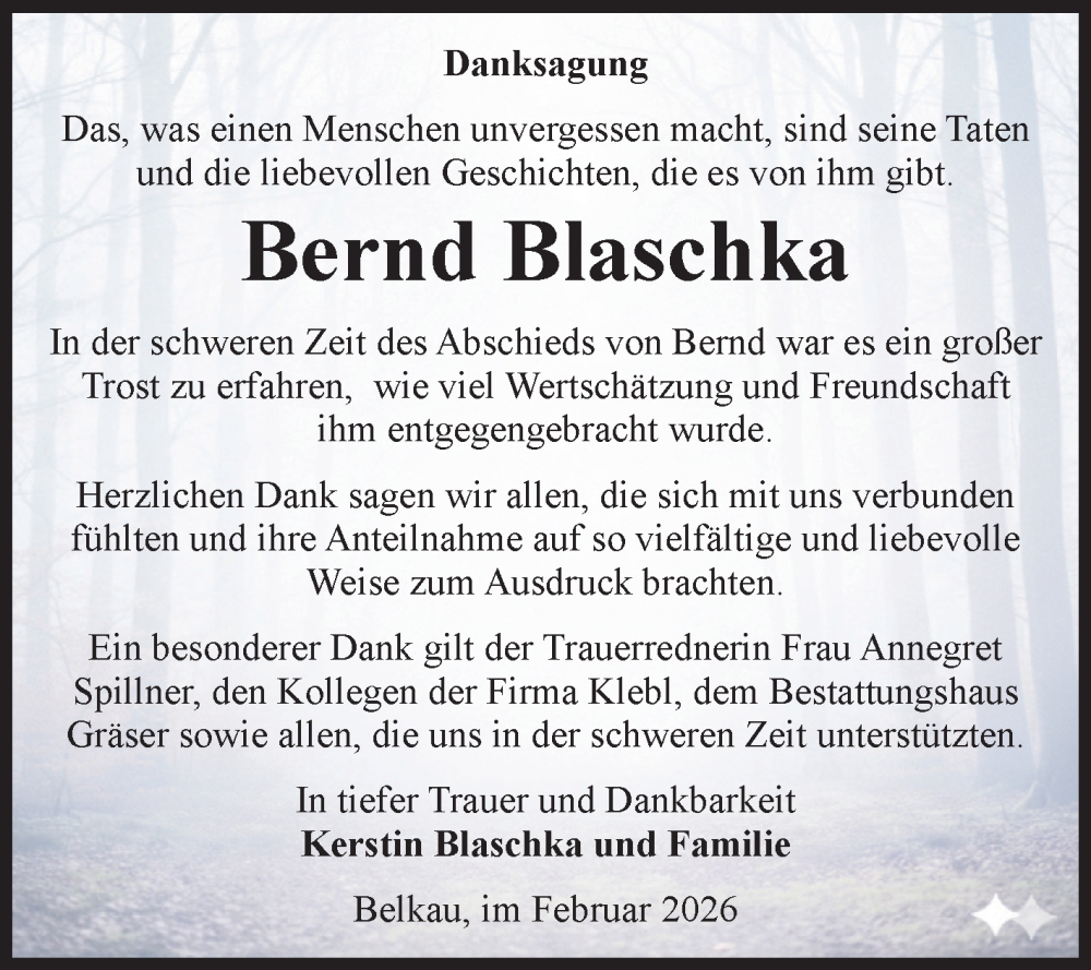  Traueranzeige für Bernd Blaschka vom 07.02.2026 aus Volksstimme Altmark Ost