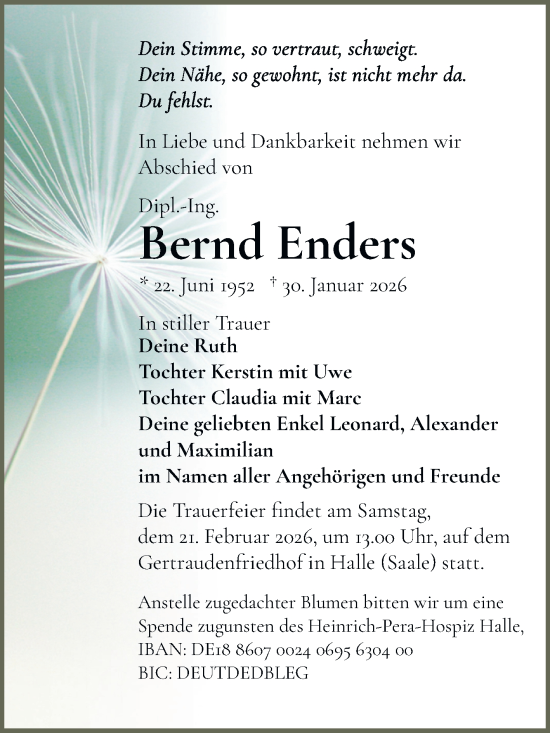 Traueranzeige von Bernd Enders von Mitteldeutsche Zeitung Halle/Saalkreis
