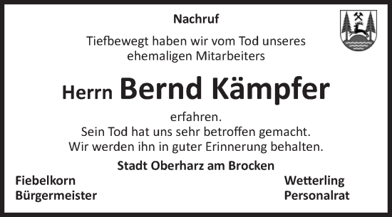 Traueranzeige von Bernd Kämpfer von Volksstimme Wernigerode