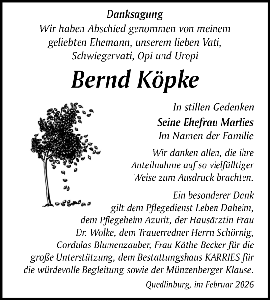 Traueranzeige von Bernd Köpke von Trauerkombi Quedlinburg