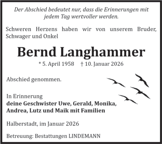 Traueranzeige von Bernd Langhammer von Volksstimme Halberstadt