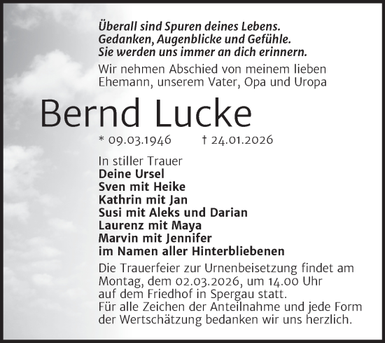 Traueranzeige von Bernd Lucke von Trauerkombi Merseburg