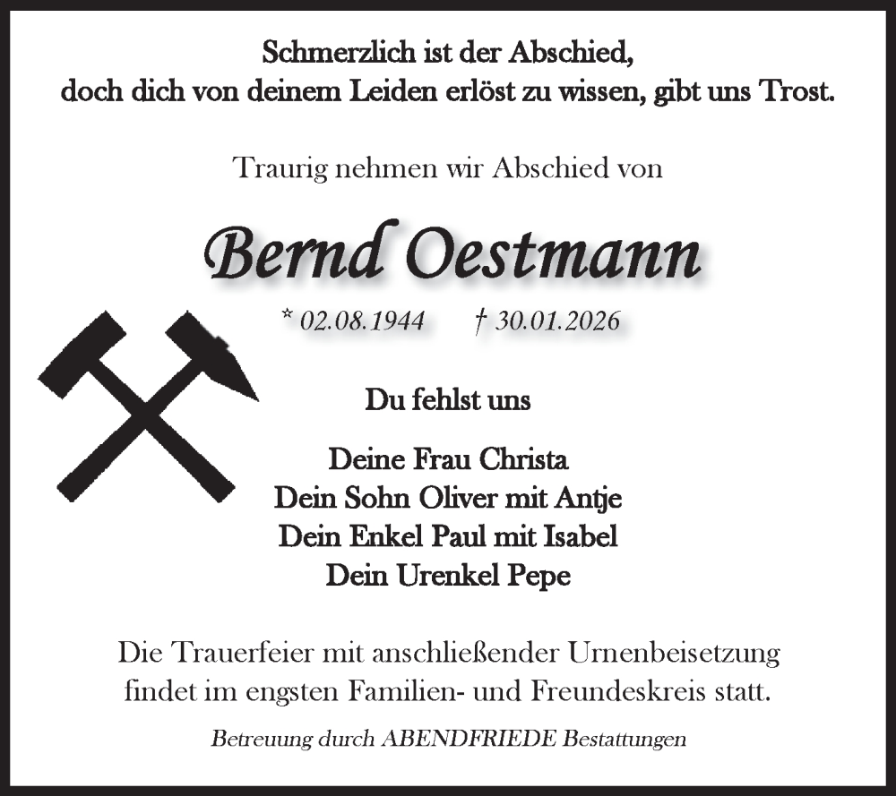  Traueranzeige für Bernd Oestmann vom 14.02.2026 aus Volksstimme Haldensleben/Wolmirstedt