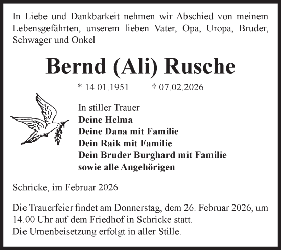 Traueranzeige von Bernd Rusche von Volksstimme Haldensleben/Wolmirstedt