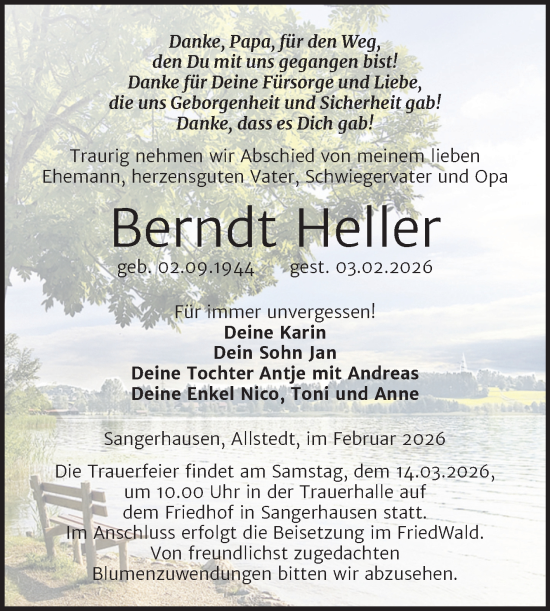 Traueranzeige von Berndt Heller von Trauerkombi Sangerhausen