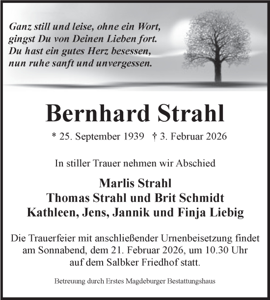 Traueranzeige von Bernhard Strahl von Volksstimme Magdeburg