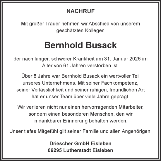 Traueranzeige von Bernhold Busack von Mitteldeutsche Zeitung Sangerhausen