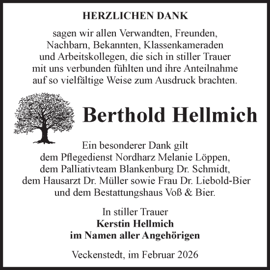 Traueranzeige von Berthold Hellmich von Volksstimme Wernigerode