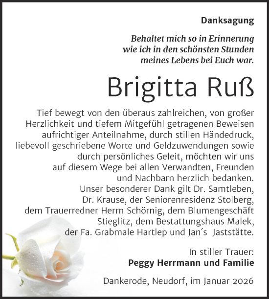 Traueranzeige von Brigitta Ruß von Trauerkombi Quedlinburg
