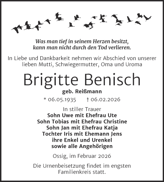 Traueranzeige von Brigitte Benisch von Trauerkombi Zeitz