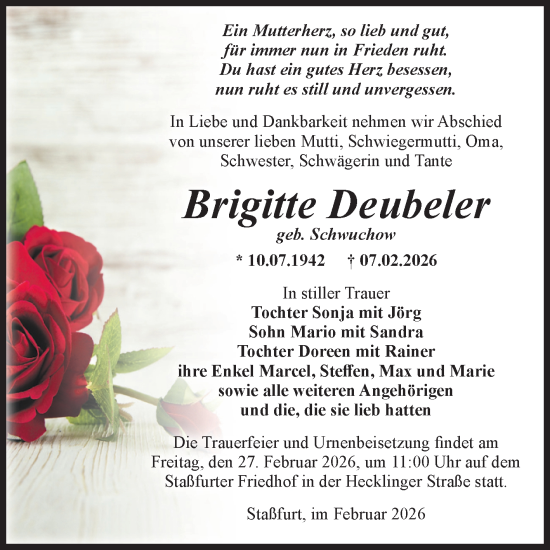 Traueranzeige von Brigitte Deubeler 