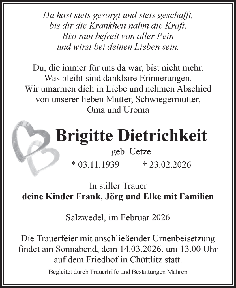  Traueranzeige für Brigitte Dietrichkeit vom 26.02.2026 aus Volksstimme Altmark West