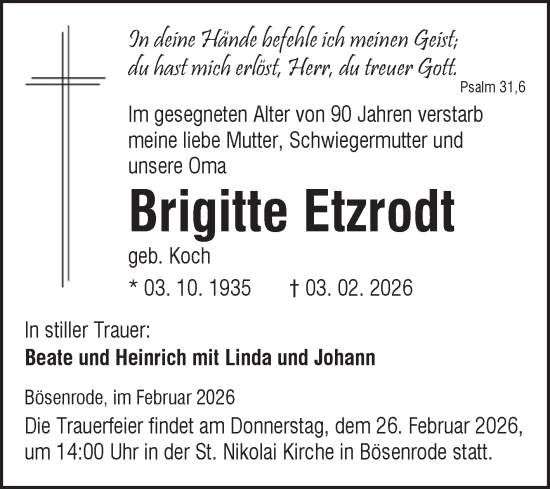 Traueranzeige von Brigitte Etzrodt von Trauerkombi Sangerhausen